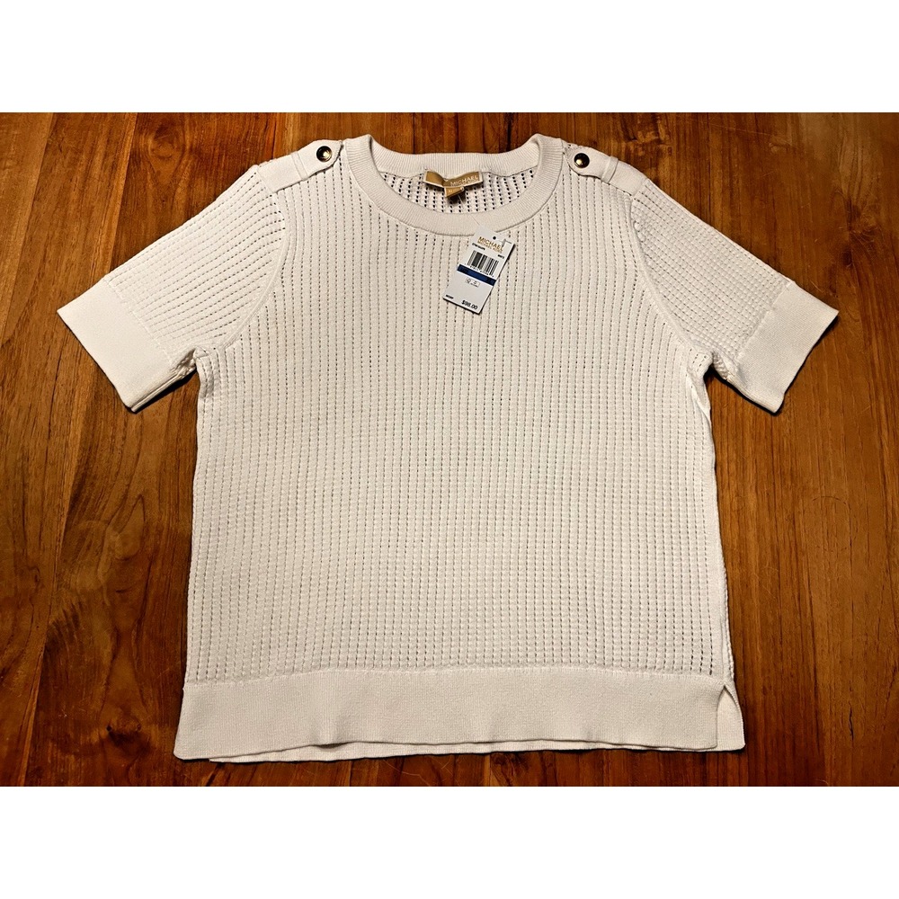 MICHAEL KORS Open Knit Short Sleeve Sweater WHITE Shoulder Detail  Sz XL H12